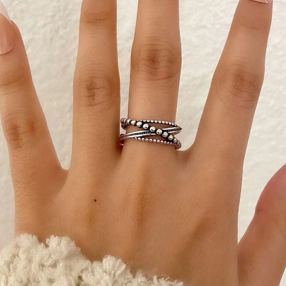 925 Sterling Silver Minimalist Twist Bead Ring Stackable Dainty Ring - Picture 5 of 5